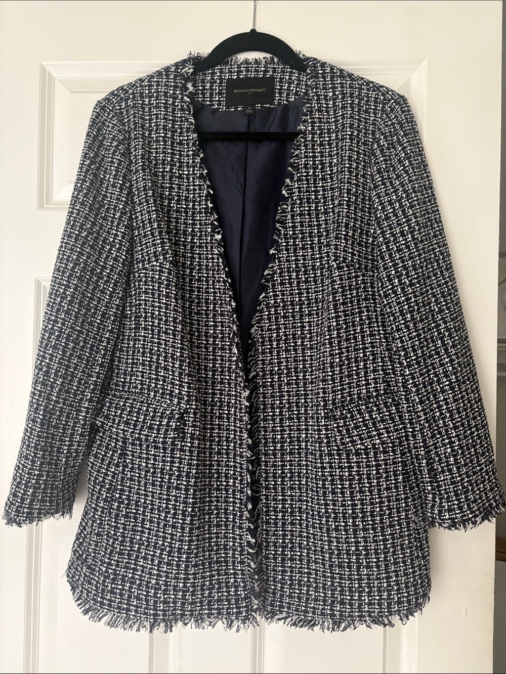 Banana Republic Navy and White Tweed Fringed Open Front Blazer